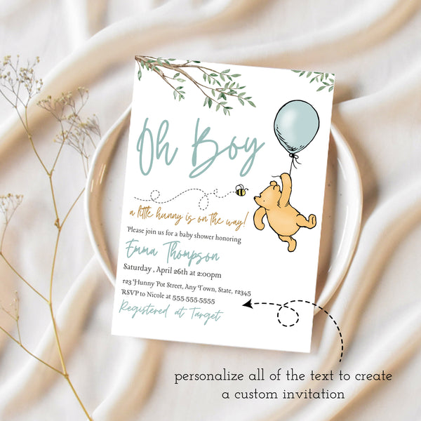 Winnie The Pooh Shower Invitation | Baby Boy Baby Shower Invitation | Ollie + Hank