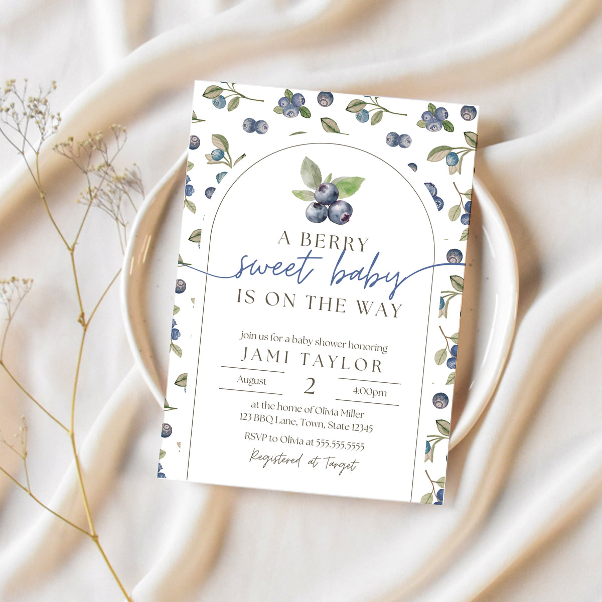 Berry Sweet Baby Shower Invitations | Blueberry Baby Shower, image size:1200x1200