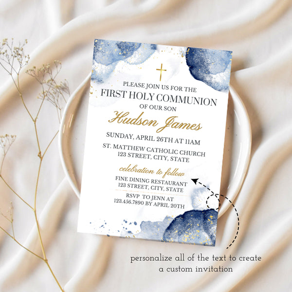 First Communion Invitation | Blue & Gold Watercolor | Ollie + Hank