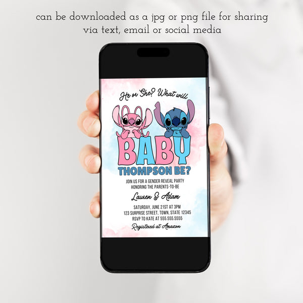 Stitch And Angel Gender Reveal Invitations | Lilo And Stitch Gender Reveal Invitations