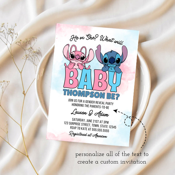 Stitch And Angel Gender Reveal Invitations | Lilo And Stitch Gender Reveal Invitations