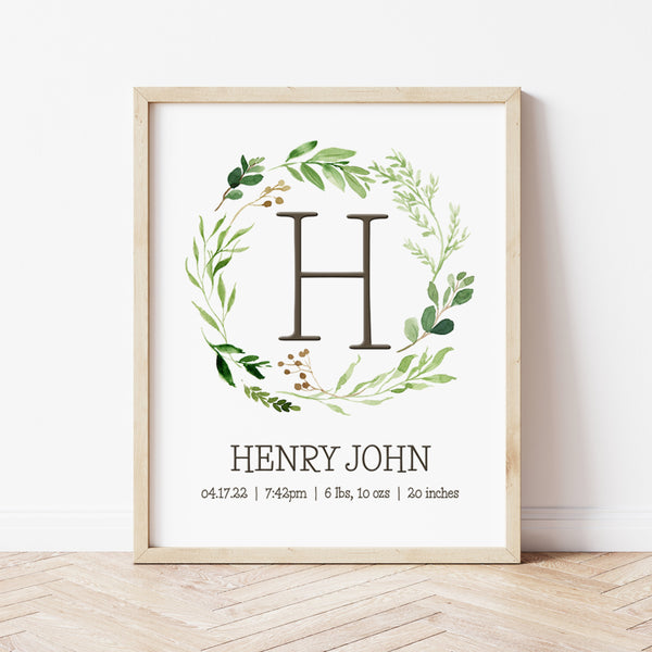 Baby Name Wall Decor | Woodland Wreath Name Print | Ollie + Hank