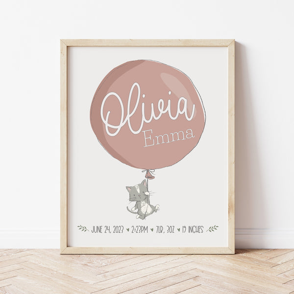 Birth Details Print | Cat Themed Nursery Art | Ollie + Hank