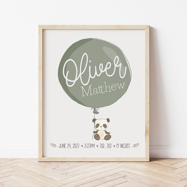 Birth Details Print | Panda Nursery Decor | Ollie + Hank