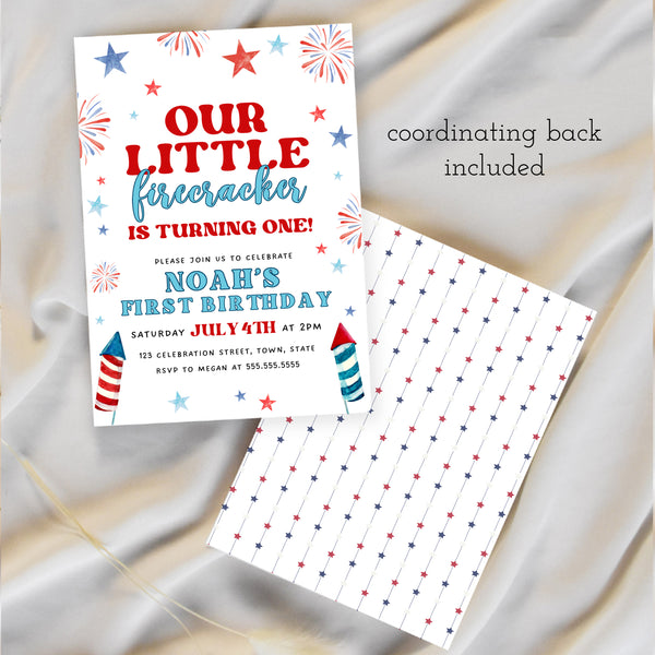 Little Firecracker First Birthday Invitation | 4th Of July Birthday | Ollie + Hank