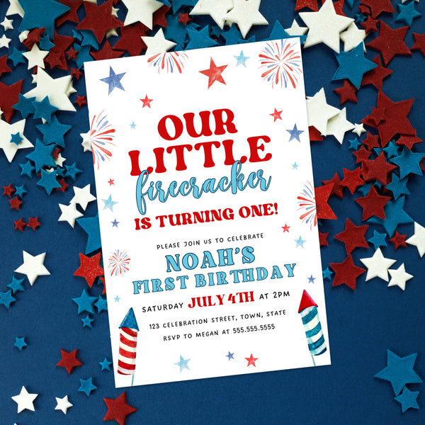 Little Firecracker First Birthday Invitation | 4th Of July Birthday | Ollie + Hank