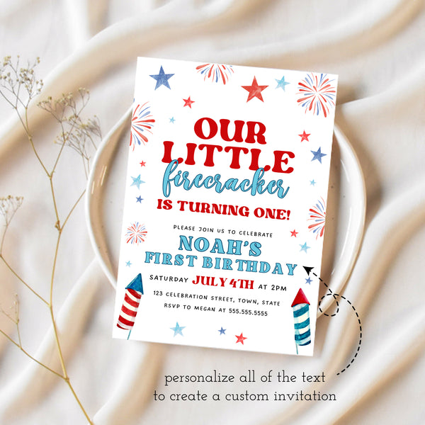 Little Firecracker First Birthday Invitation | 4th Of July Birthday | Ollie + Hank