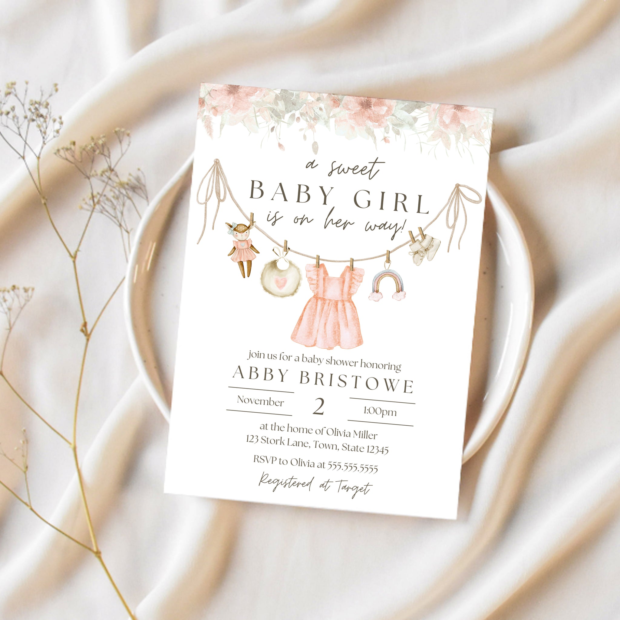 Boho Baby Shower Invitations | Floral Pink Clothesline | Ollie + Hank