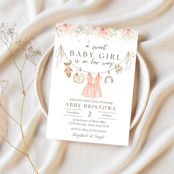 Boho Baby Shower Invitations | Floral Pink Clothesline | Ollie + Hank