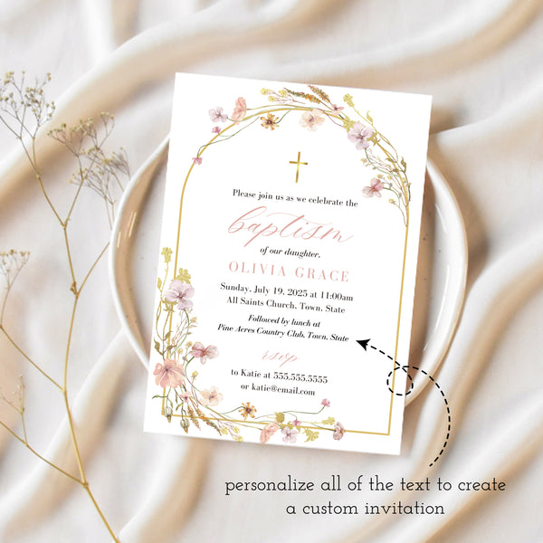 Baby Girl Baptism Invitation | Boho Baptism Invitation