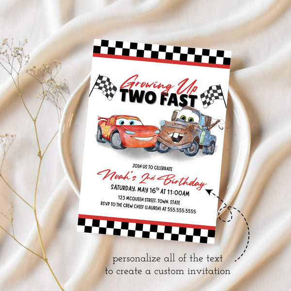 Two Fast Birthday Invitation | Cars Birthday Theme Invitation | Ollie + Hank