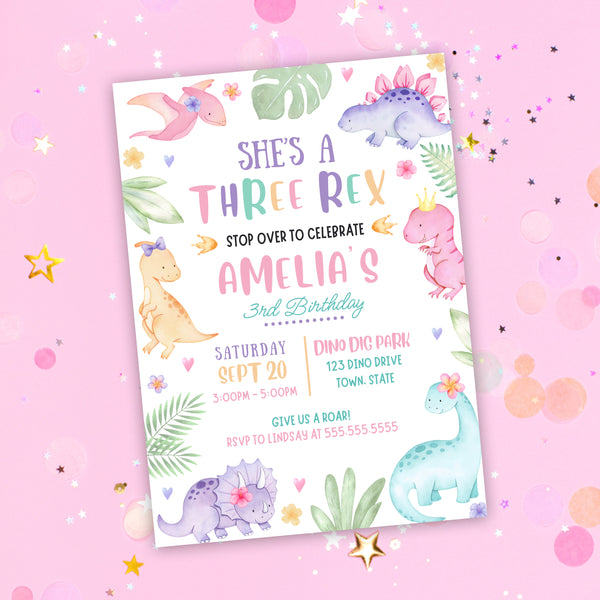 Three Rex Birthday Invitation | Dinosaur Birthday Party For Girl