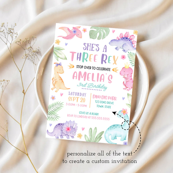Three Rex Birthday Invitation | Dinosaur Birthday Party For Girl
