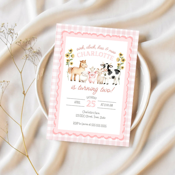 Farm Birthday Invitation | Pink Barnyard Birthday Party | Ollie + Hank