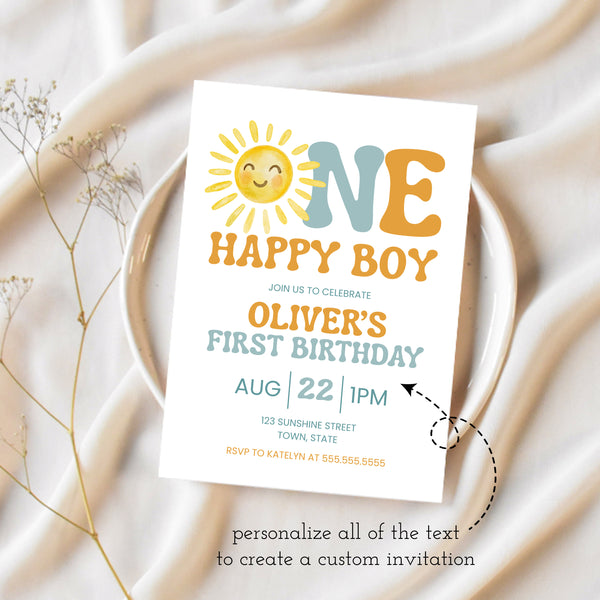 One Happy Boy Birthday Invite | First Birthday Invitation | Ollie + Hank