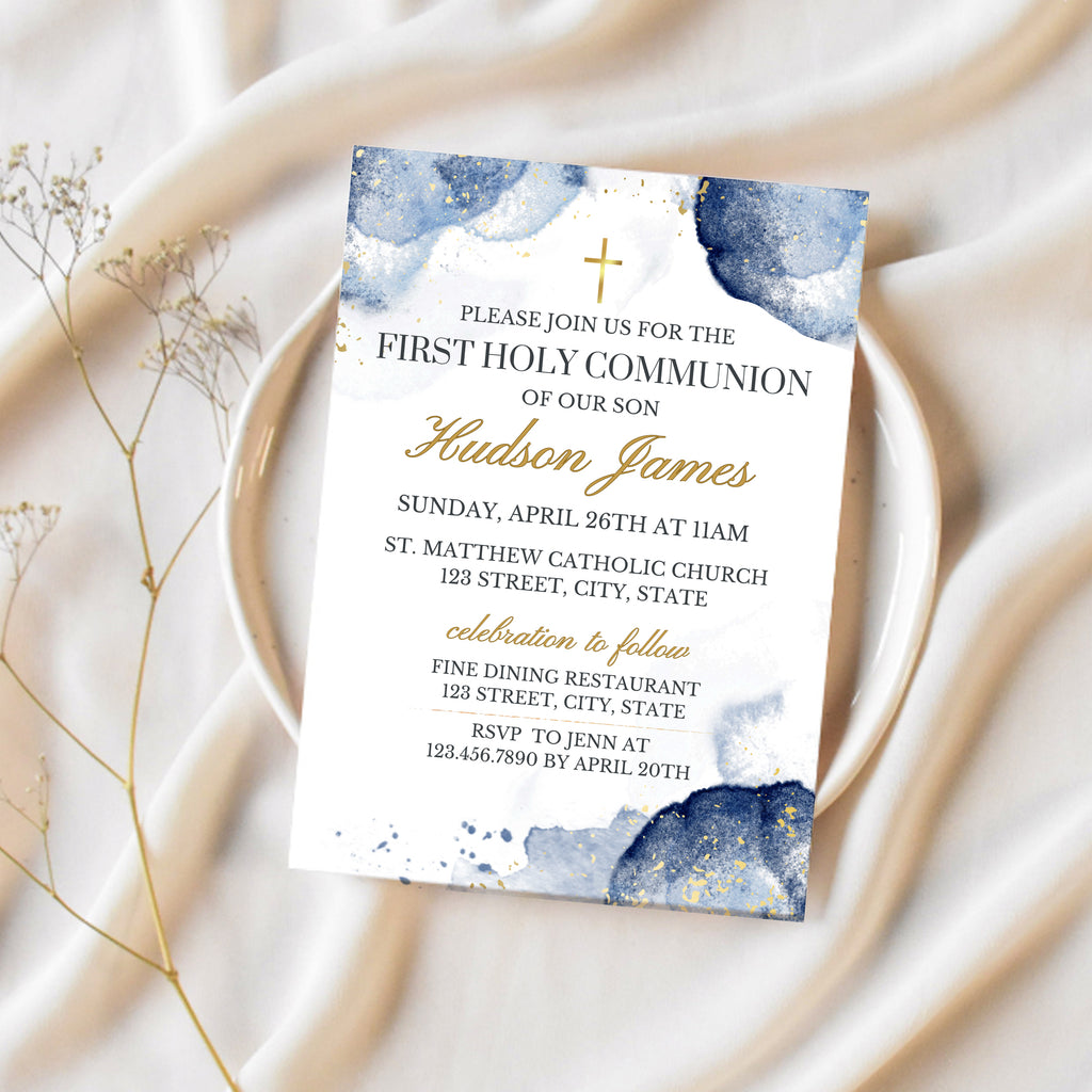 First Confirmation Invitation First Communion Invitation | Blue & Gold Watercolor | Ollie + Hank