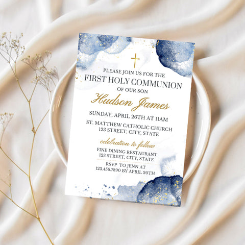 First Communion Invitation | Blue & Gold Watercolor | Ollie + Hank