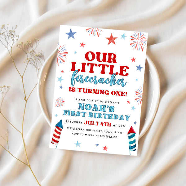 Little Firecracker First Birthday Invitation | 4th Of July Birthday | Ollie + Hank