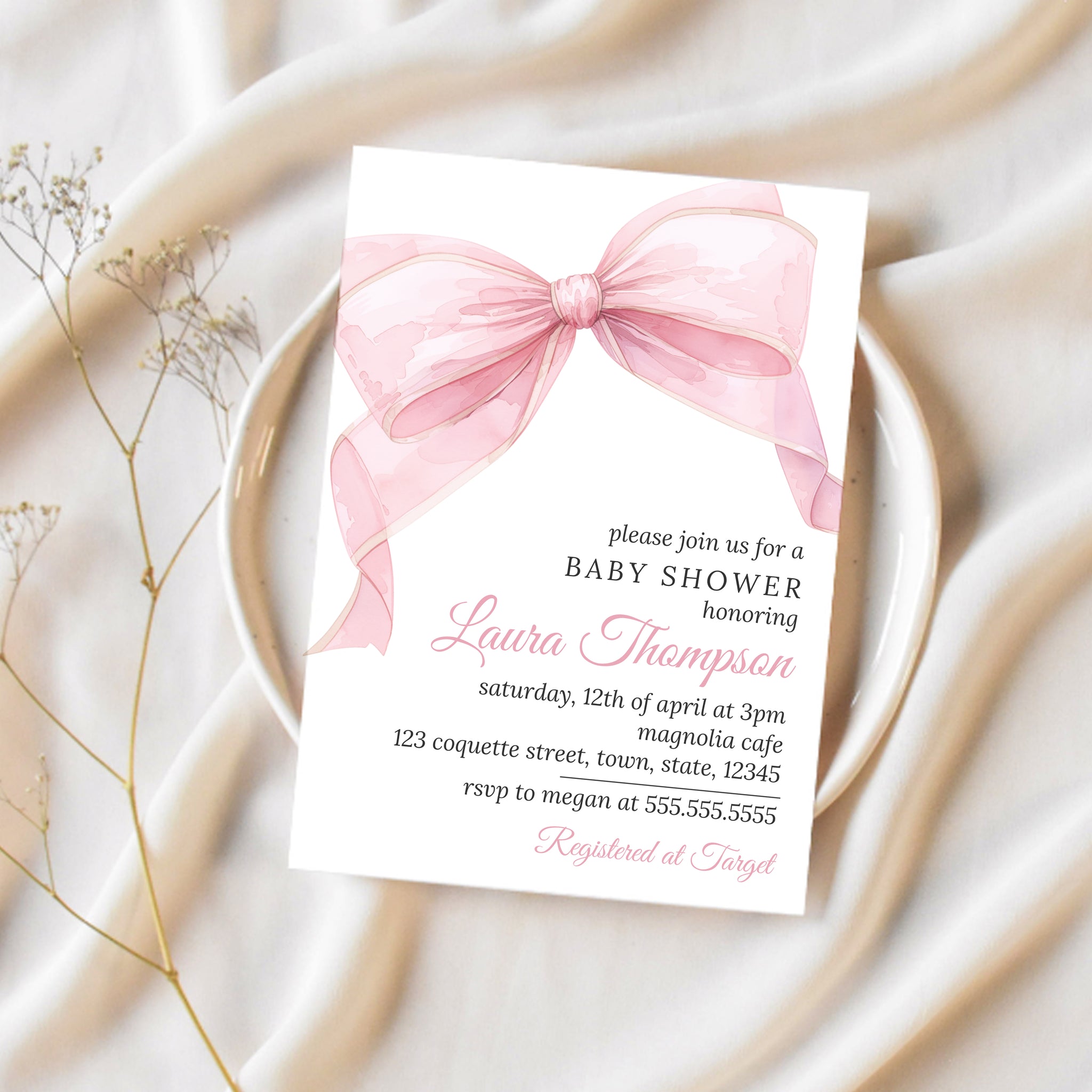 Pink Baby Shower Invitations | Pink Bow Baby Shower Invitation | Ollie + Hank