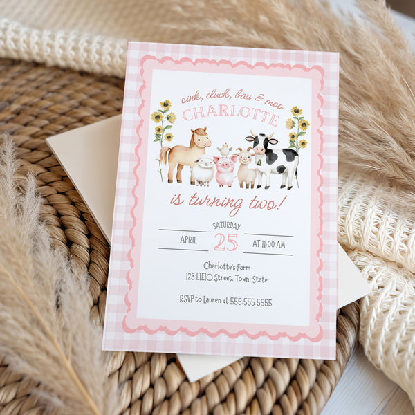 Farm Birthday Invitation | Pink Barnyard Birthday Party | Ollie + Hank