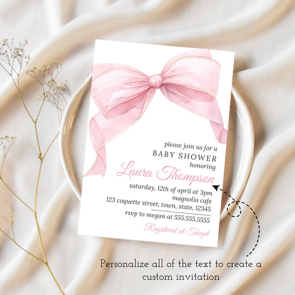 Pink Baby Shower Invitations | Pink Bow Baby Shower Invitation | Ollie + Hank