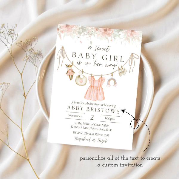 Boho Baby Shower Invitations | Floral Pink Clothesline | Ollie + Hank