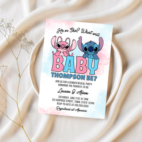 Stitch And Angel Gender Reveal Invitations | Lilo And Stitch Gender Reveal Invitations