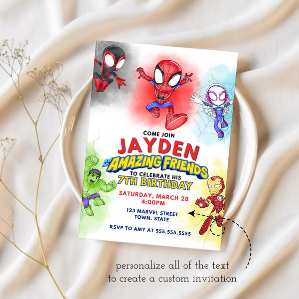 Spidey And His Amazing Friends Birthday Invitations | Superhero Birthday Party | Ollie + Hank