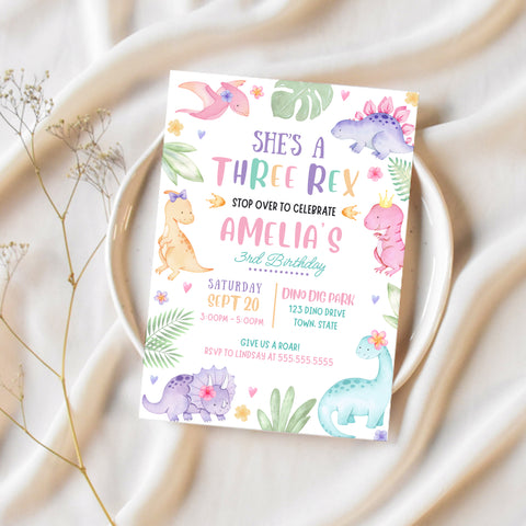 Three Rex Birthday Invitation | Dinosaur Birthday Party For Girl | Ollie + Hank