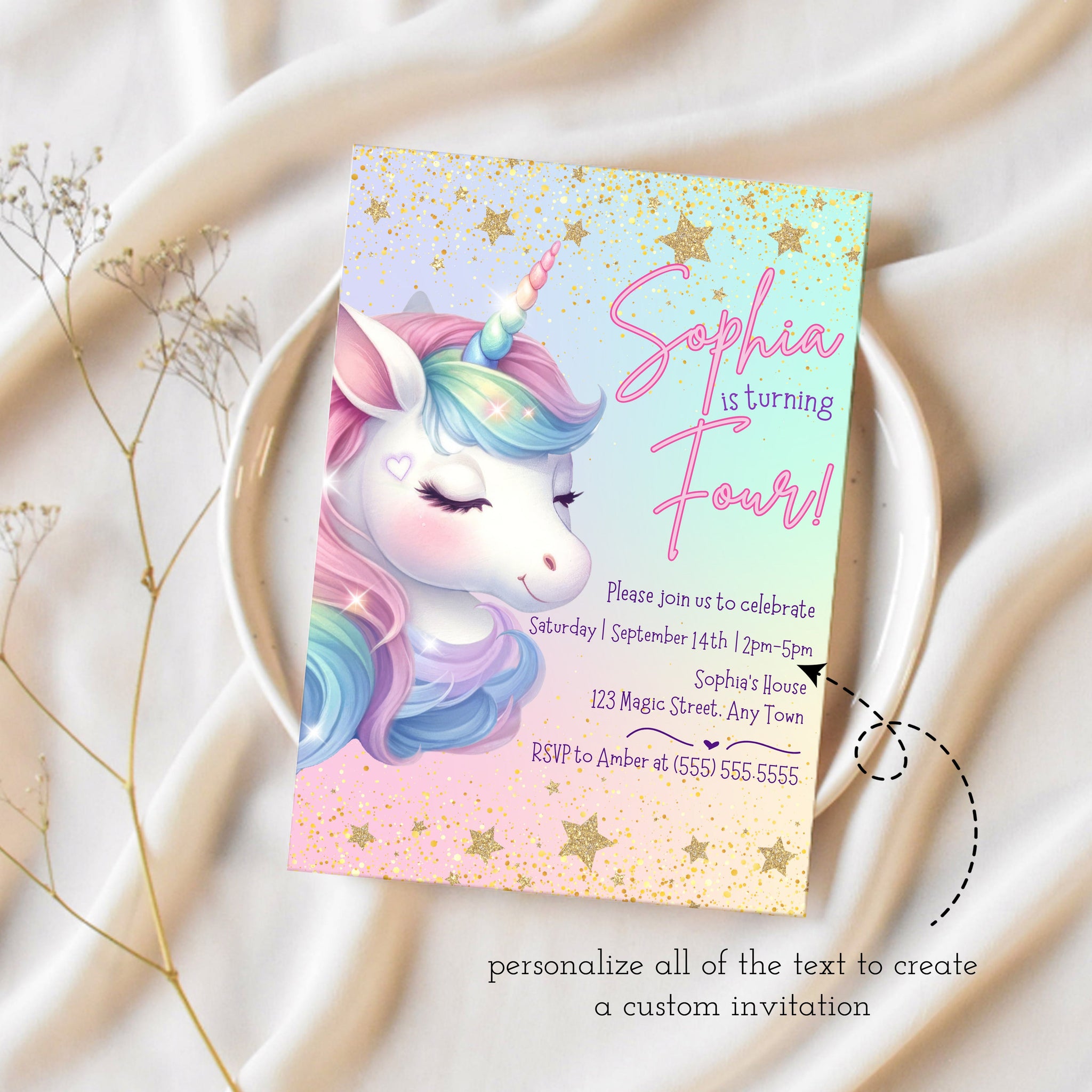 Invitaciones Unicornio Sparkle - Pack De 8 Tarjetas - Para Fiestas Cumpleaños Infantiles