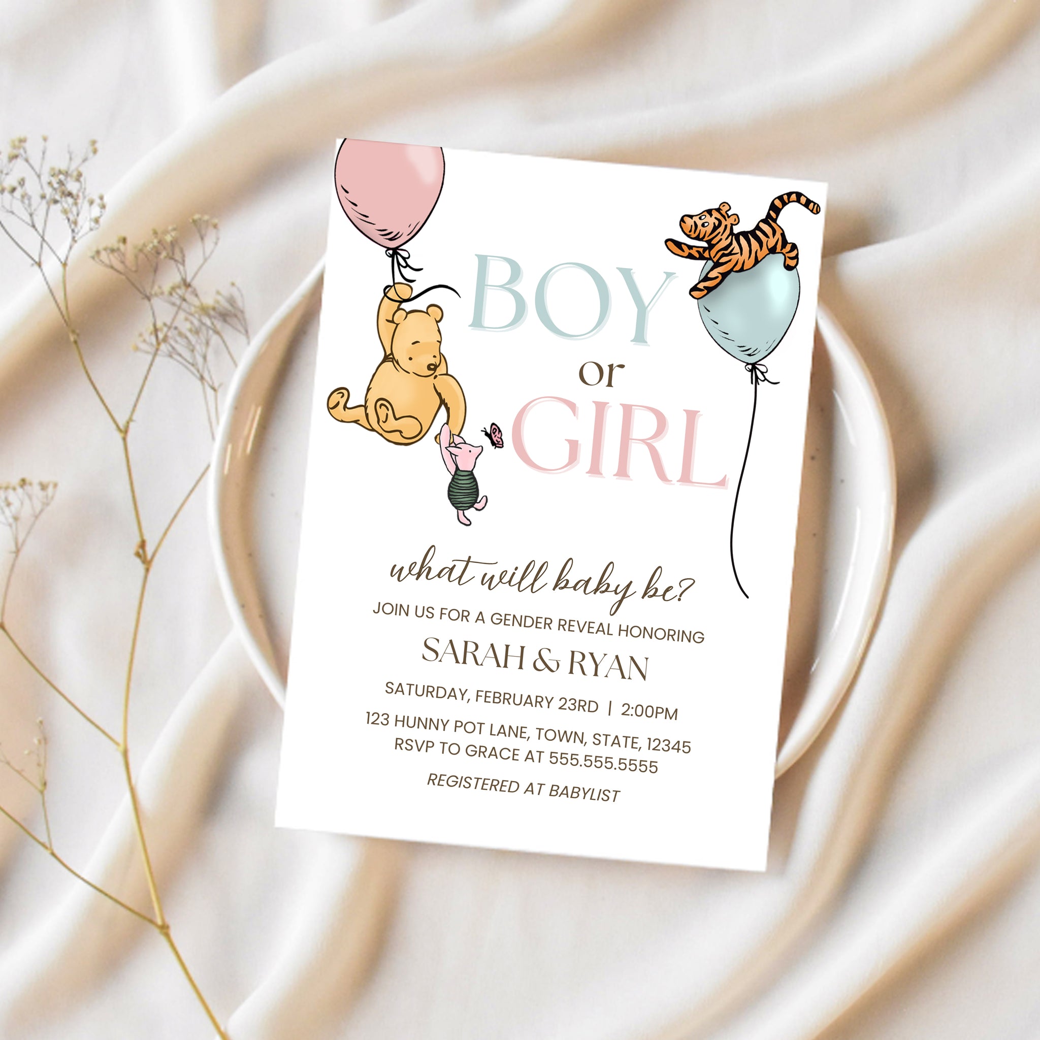 Winnie The Pooh Gender Reveal Invitations | Ollie + Hank