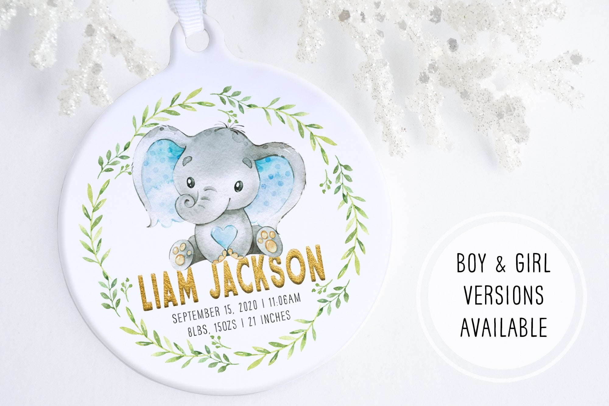 Baby's First Christmas Ornament Elephant | Birth Stats Ornament | Ollie + Hank