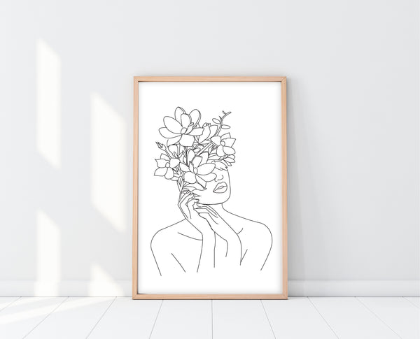 Face Line Artwork | Woman With Flower Head Print | Ollie + Hank