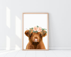 Highland Cow Picture | PeekABoo Highland Cow With Flower Crown Print | Ollie + Hank