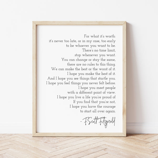 Inspirational Wall Art Office | For What It's Worth It's Never Too Late Quote | Ollie + Hank