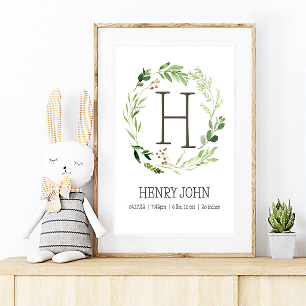 Personalized Baby Name Wall Art | Woodland Wreath Name Print | Ollie + Hank