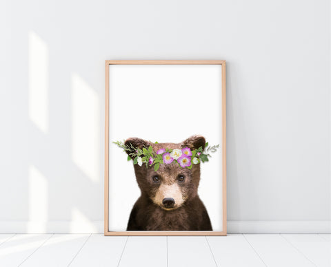 Woodland Nursery Girl | PeekABoo Bear With Flower Crown Print | Ollie + Hank